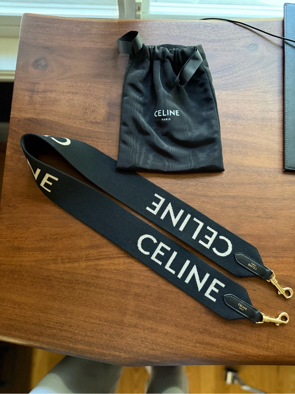 Celine Black and White Logo Jacquard Strap with Gold Hardware